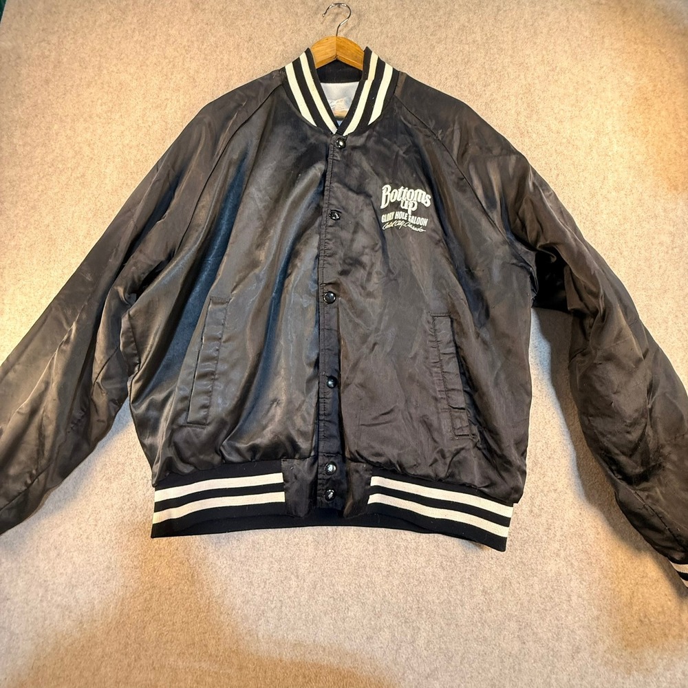 Vintage Bottoms Up Glory Hole Saloon Satin Bomber Jacket‎ Black XXL Colorado